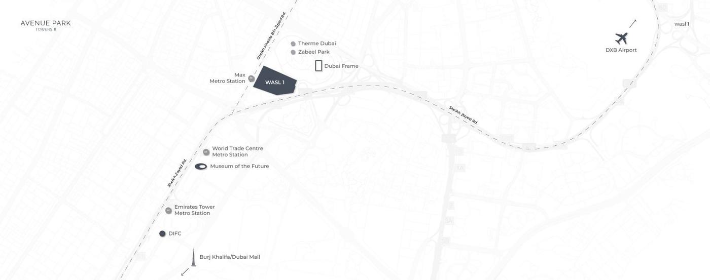 Wasl 1 周辺マップ：Zabeel Park、Dubai Frame、Museum of the Future、DIFC、Burj Khalifa、DXB空港