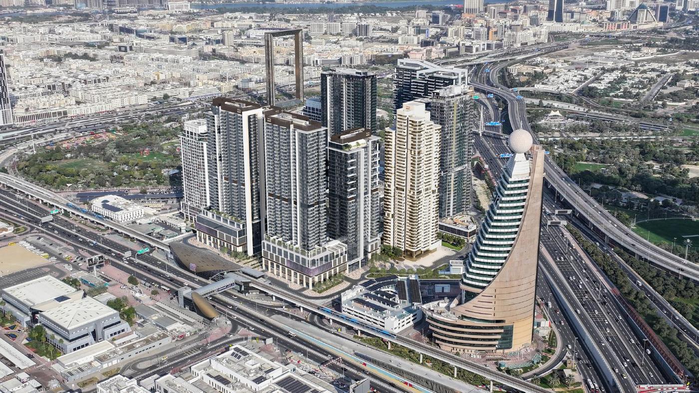 ドバイ中心部の空撮:Wasl 1 と Dubai Frame、Sheikh Zayed Road